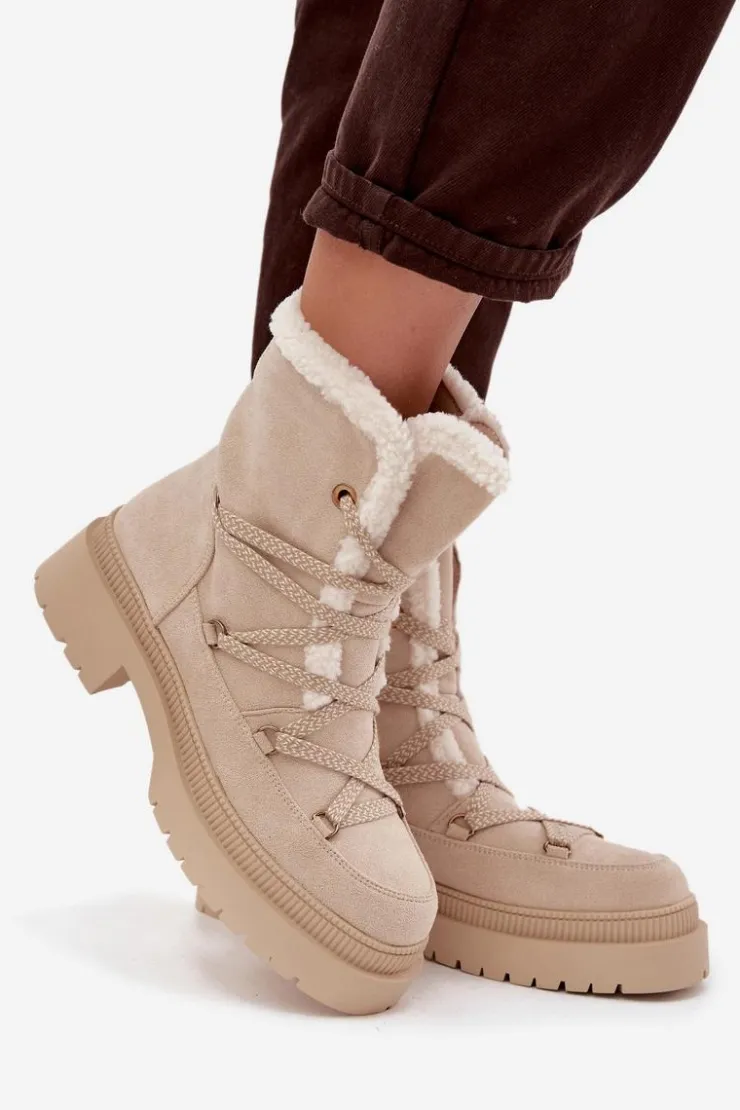Damskie Boto Śniegowce Damskie Z Kożuszkiem Beżowe Irmara