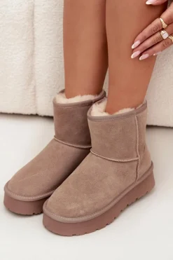 Boto Śniegowce Damskie*Śniegowce Damskie Z Naturalnego Zamszu Na Platformie Beżowe Privine Beżowy