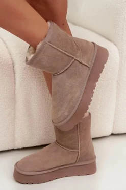 Boto Śniegowce Damskie*Śniegowce Damskie Z Naturalnego Zamszu Na Platformie Beżowe Privine Beżowy