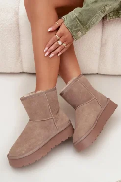 Boto Śniegowce Damskie*Śniegowce Damskie Z Naturalnego Zamszu Na Platformie Beżowe Privine Beżowy