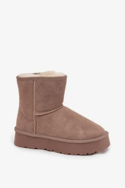 Boto Śniegowce Damskie*Śniegowce Damskie Z Naturalnego Zamszu Na Platformie Beżowe Privine Beżowy