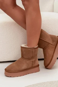 Damskie Boto Śniegowce Damskie Z Naturalnego Zamszu Na Platformie Camel Privine