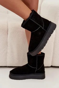 Boto Śniegowce Damskie Z Naturalnego Zamszu Na Platformie Czarne Privine Czarny