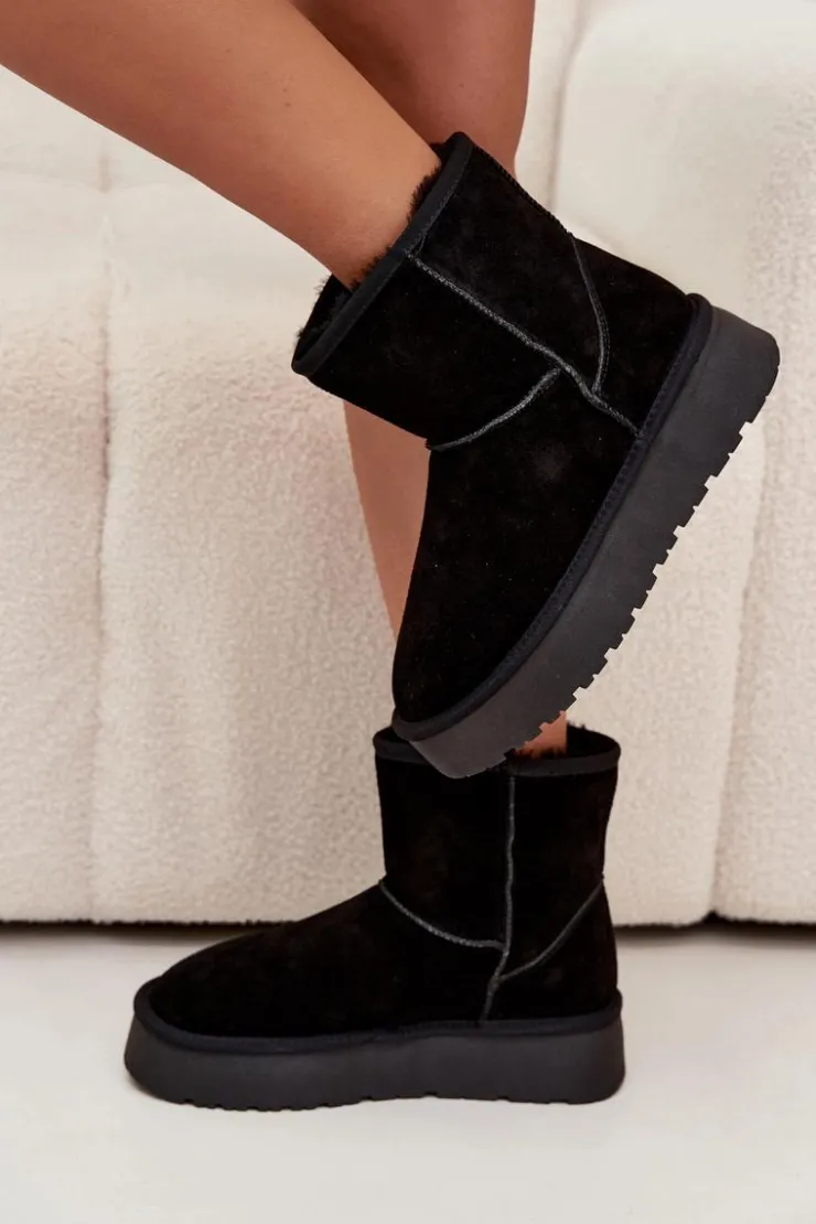Boto Śniegowce Damskie Z Naturalnego Zamszu Na Platformie Czarne Privine Czarny
