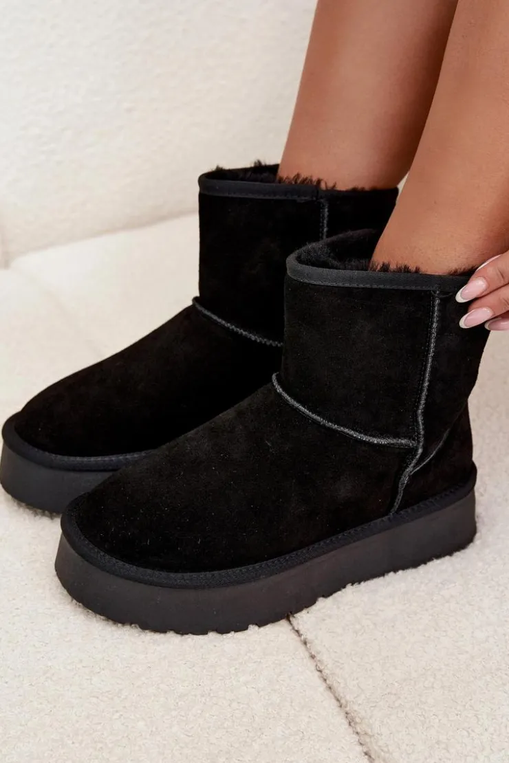 Boto Śniegowce Damskie Z Naturalnego Zamszu Na Platformie Czarne Privine Czarny