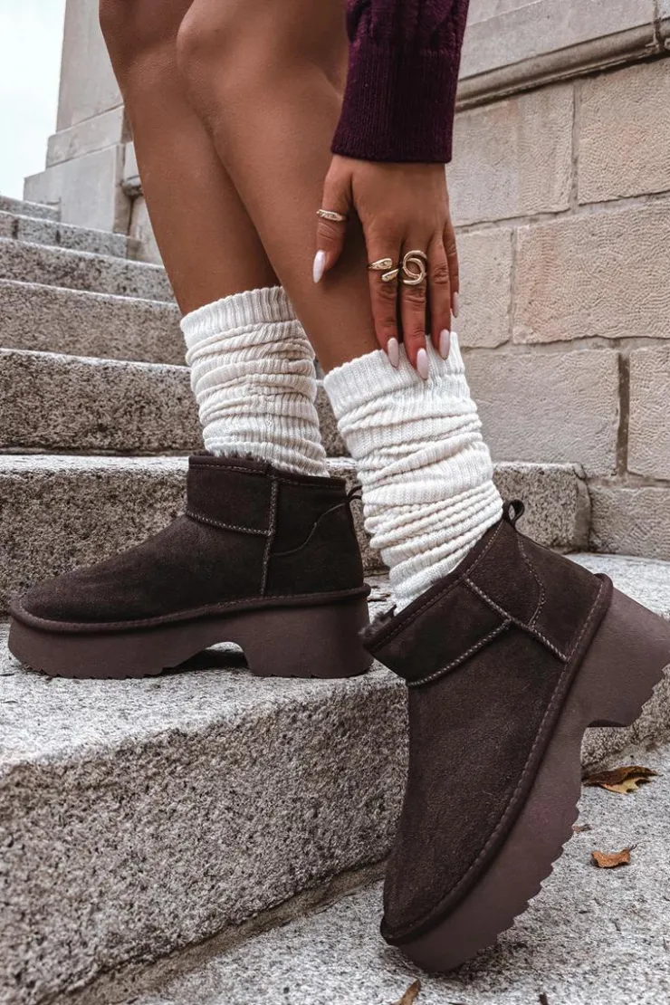 New Boto Śniegowce Damskie Z Naturalnego Zamszu Ocieplane Futerkiem Czekoladowe Milora Brązowy