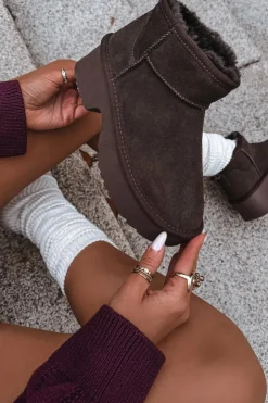 New Boto Śniegowce Damskie Z Naturalnego Zamszu Ocieplane Futerkiem Czekoladowe Milora Brązowy