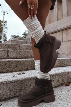 New Boto Śniegowce Damskie Z Naturalnego Zamszu Ocieplane Futerkiem Czekoladowe Milora Brązowy