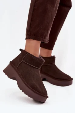 New Boto Śniegowce Damskie Z Naturalnego Zamszu Ocieplane Futerkiem Czekoladowe Milora Brązowy