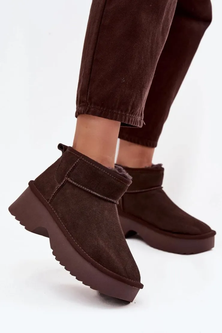 New Boto Śniegowce Damskie Z Naturalnego Zamszu Ocieplane Futerkiem Czekoladowe Milora Brązowy