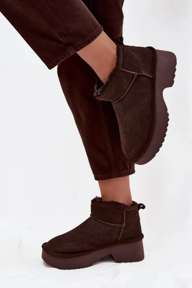 New Boto Śniegowce Damskie Z Naturalnego Zamszu Ocieplane Futerkiem Czekoladowe Milora Brązowy