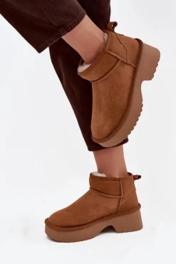 Boto Śniegowce Damskie*Śniegowce Damskie Z Naturalnego Zamszu Ocieplane Futerkiem Camel Milora Brązowy