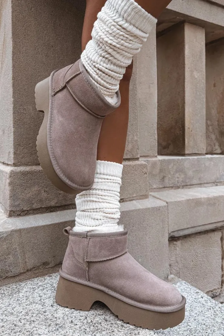 Damskie Boto Śniegowce Damskie Z Naturalnego Zamszu Ocieplane Futerkiem Khaki Milora