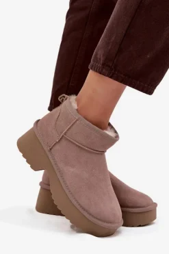 Damskie Boto Śniegowce Damskie Z Naturalnego Zamszu Ocieplane Futerkiem Khaki Milora