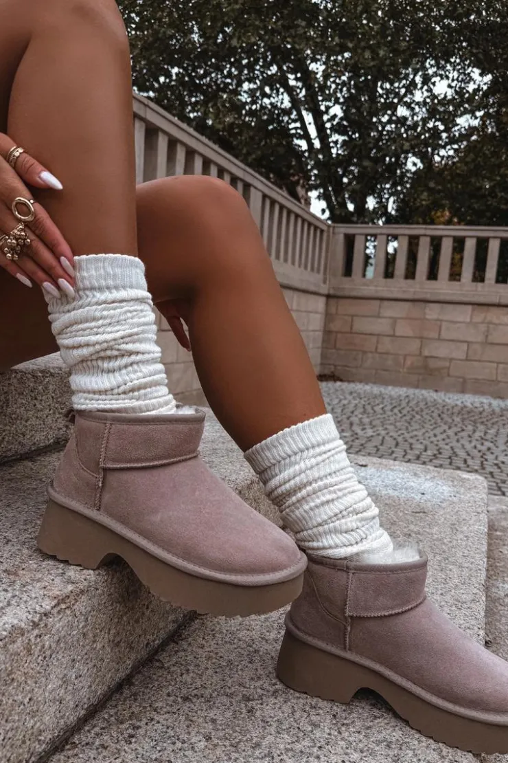 Damskie Boto Śniegowce Damskie Z Naturalnego Zamszu Ocieplane Futerkiem Khaki Milora