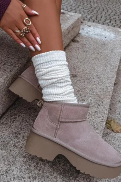 Damskie Boto Śniegowce Damskie Z Naturalnego Zamszu Ocieplane Futerkiem Khaki Milora