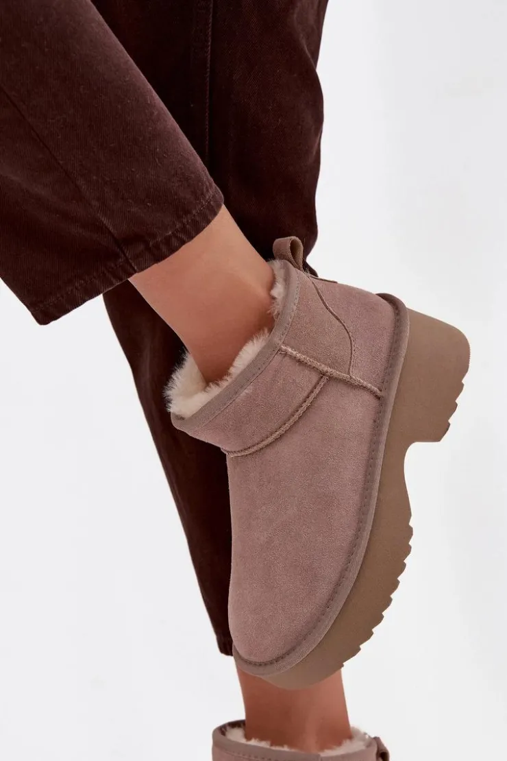 Damskie Boto Śniegowce Damskie Z Naturalnego Zamszu Ocieplane Futerkiem Khaki Milora