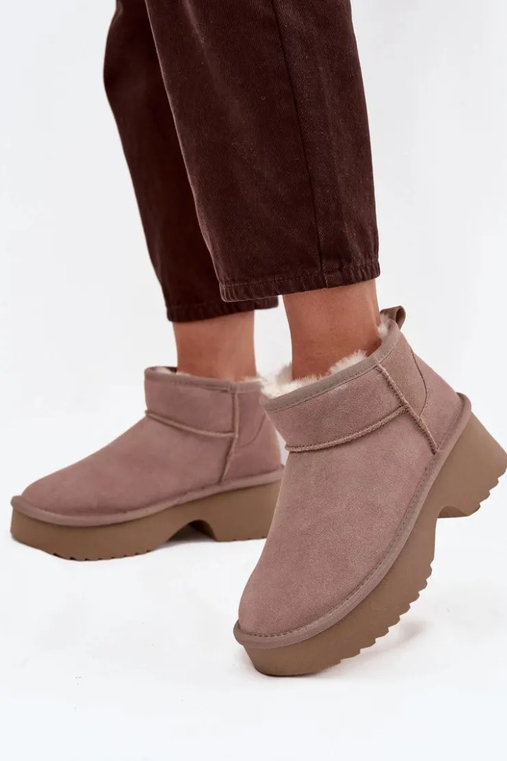 Damskie Boto Śniegowce Damskie Z Naturalnego Zamszu Ocieplane Futerkiem Khaki Milora