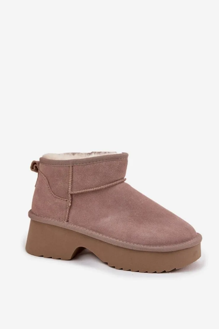 Damskie Boto Śniegowce Damskie Z Naturalnego Zamszu Ocieplane Futerkiem Khaki Milora