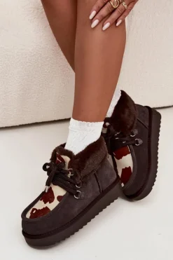 New D.Franklin Śniegowce Damskie Z Naturalnego Zamszu Łaty DFSH375008 Czekoladowe