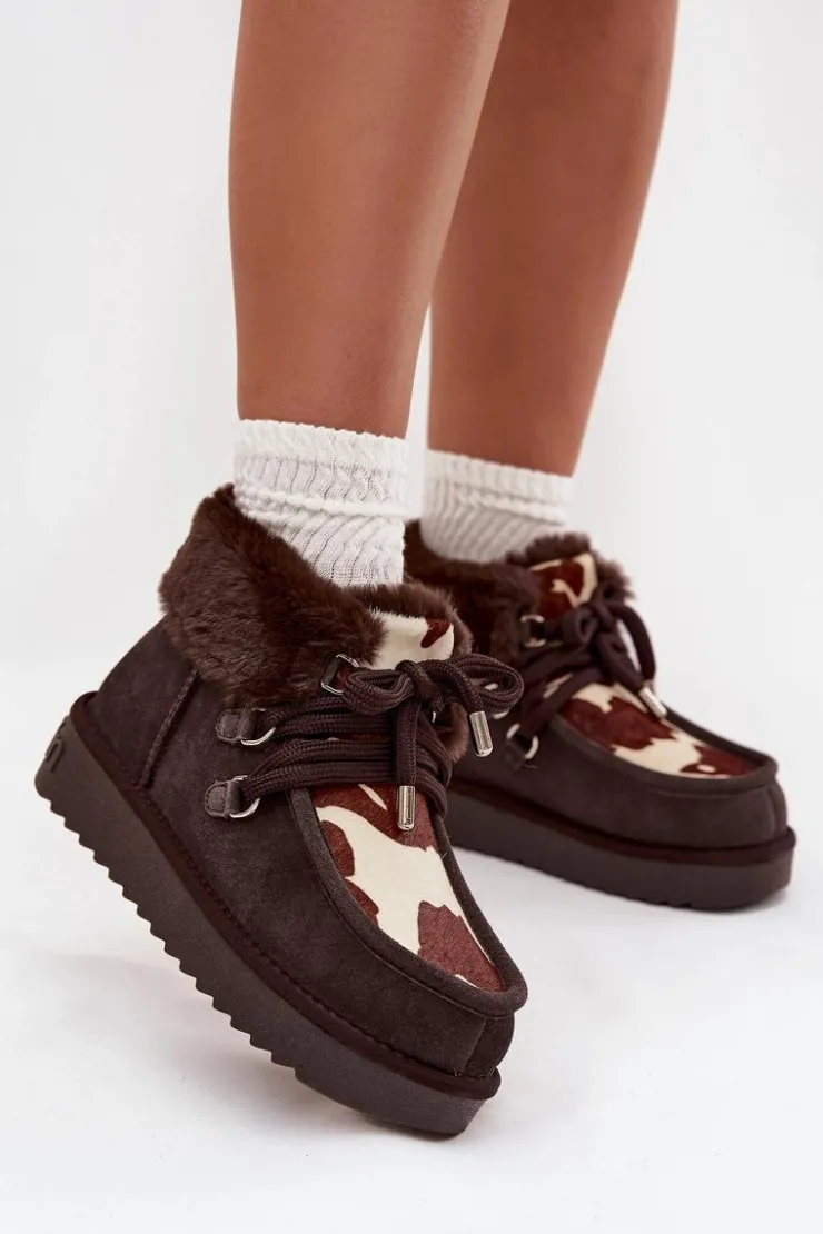 New D.Franklin Śniegowce Damskie Z Naturalnego Zamszu Łaty DFSH375008 Czekoladowe