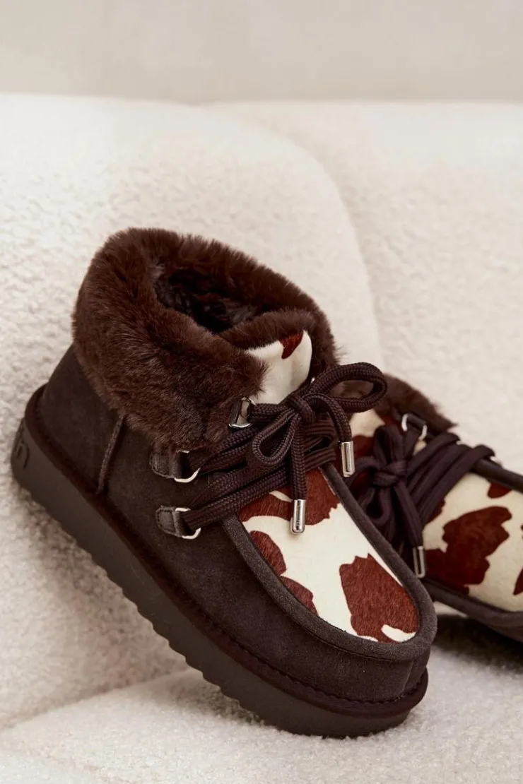 New D.Franklin Śniegowce Damskie Z Naturalnego Zamszu Łaty DFSH375008 Czekoladowe