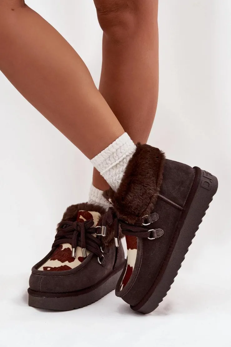 New D.Franklin Śniegowce Damskie Z Naturalnego Zamszu Łaty DFSH375008 Czekoladowe