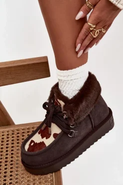 New D.Franklin Śniegowce Damskie Z Naturalnego Zamszu Łaty DFSH375008 Czekoladowe