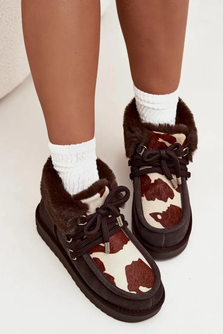 New D.Franklin Śniegowce Damskie Z Naturalnego Zamszu Łaty DFSH375008 Czekoladowe