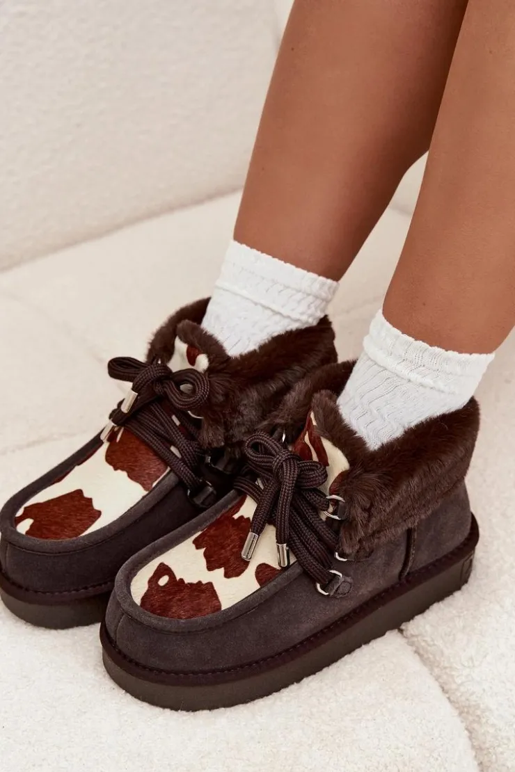 New D.Franklin Śniegowce Damskie Z Naturalnego Zamszu Łaty DFSH375008 Czekoladowe