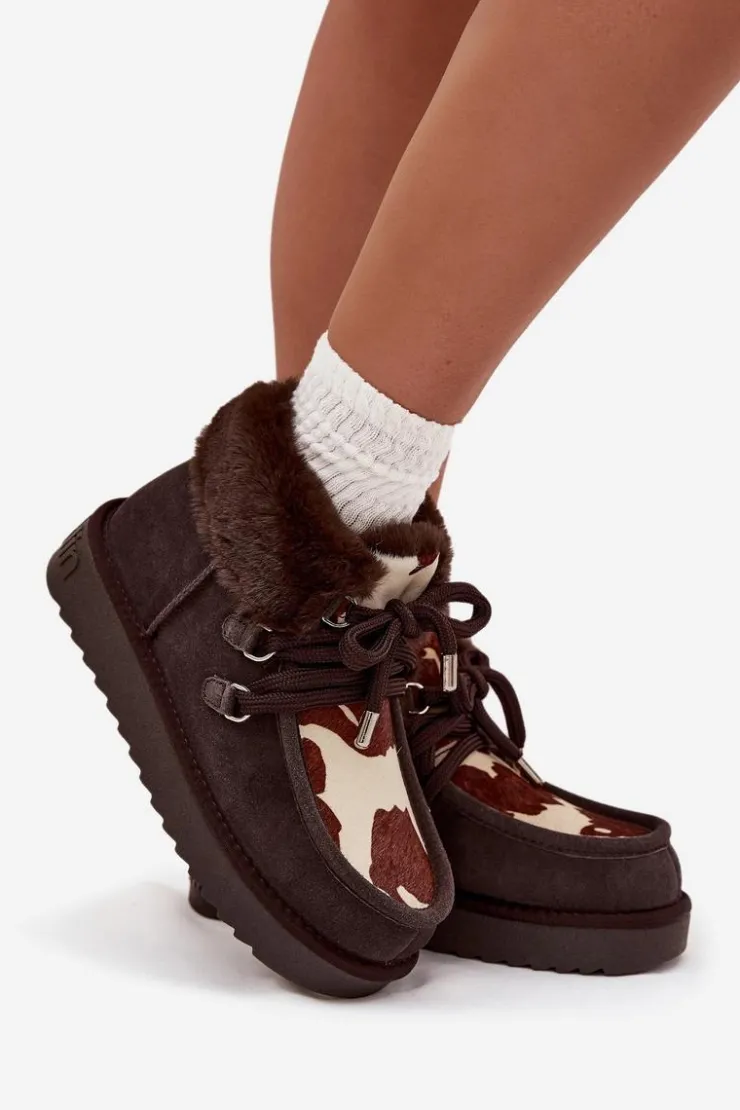 New D.Franklin Śniegowce Damskie Z Naturalnego Zamszu Łaty DFSH375008 Czekoladowe