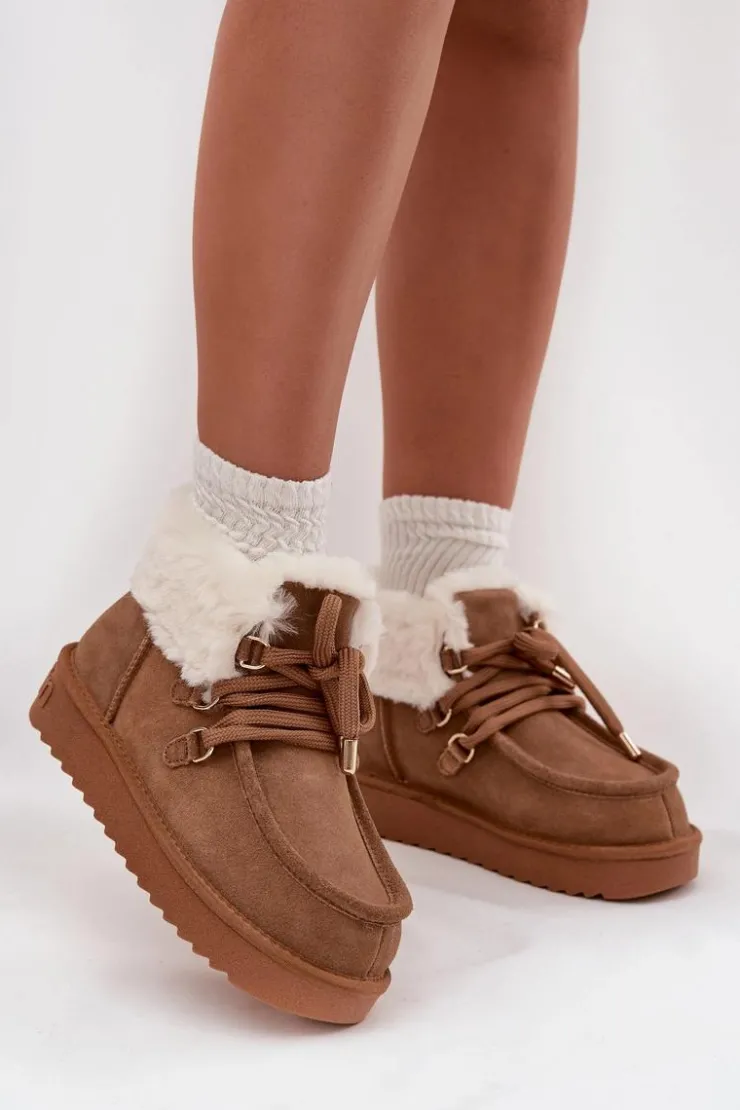 Damskie D.Franklin Śniegowce Damskie Z Naturalnego Zamszu DFSH375006 Camel