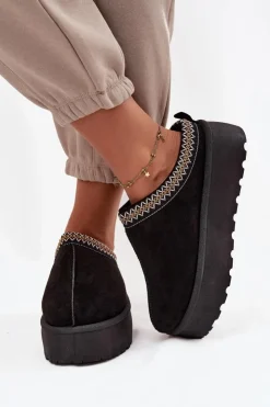 Clearance Boto Śniegowce Damskie Z Ozdobnym Haftem Czarne Jenira Czarny