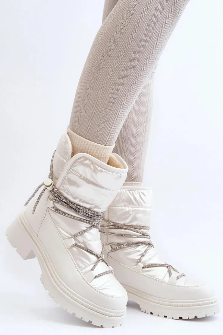 Discount Boto Śniegowce Damskie Z Ozdobnym Wiązaniem Białe Rilana Biały