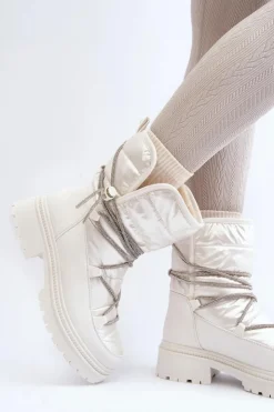 Discount Boto Śniegowce Damskie Z Ozdobnym Wiązaniem Białe Rilana Biały