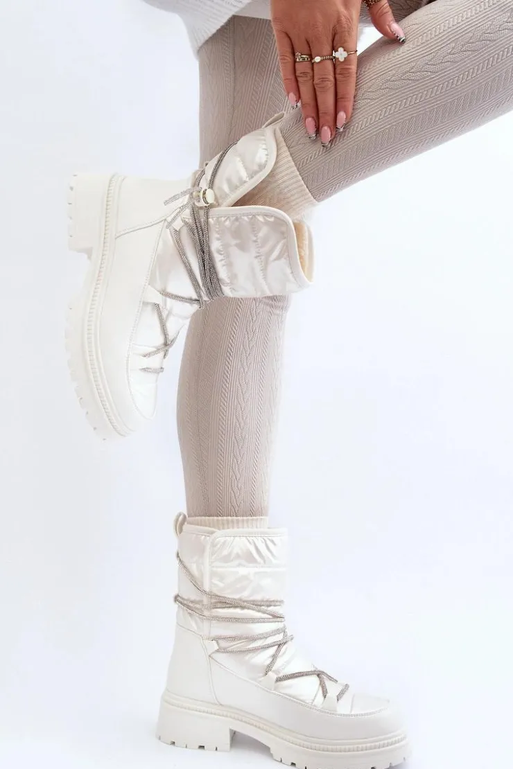 Discount Boto Śniegowce Damskie Z Ozdobnym Wiązaniem Białe Rilana Biały