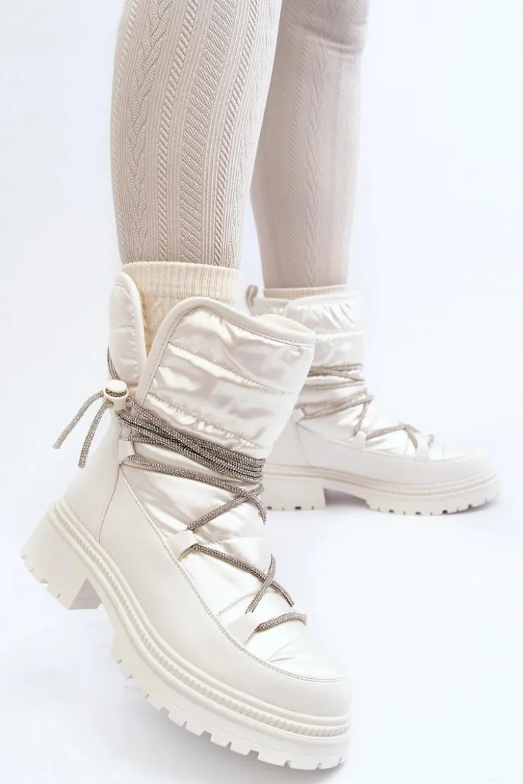 Discount Boto Śniegowce Damskie Z Ozdobnym Wiązaniem Białe Rilana Biały