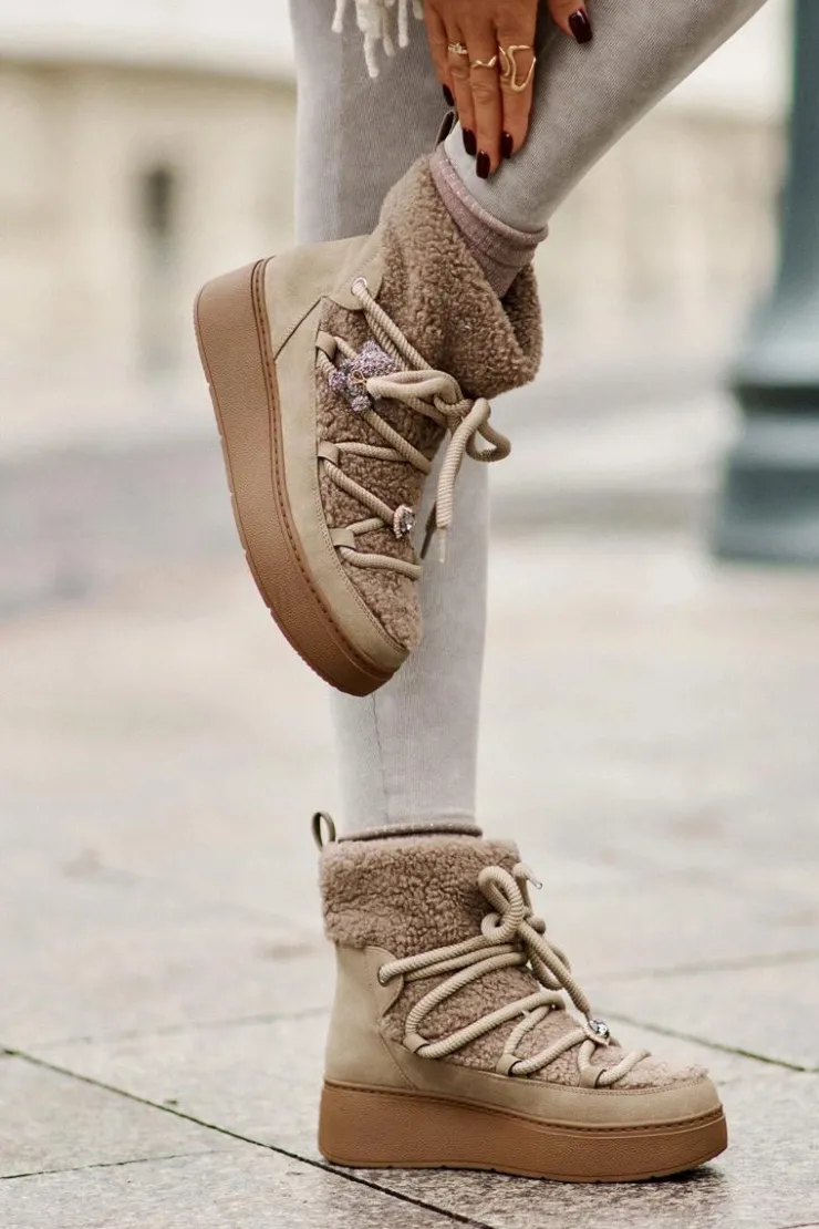 Damskie Boto Śniegowce Damskie Z Przypinkami I Futerkiem Typu Baranek Brązowe Almatiza