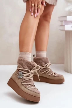 Damskie Boto Śniegowce Damskie Z Przypinkami I Futerkiem Typu Baranek Brązowe Almatiza