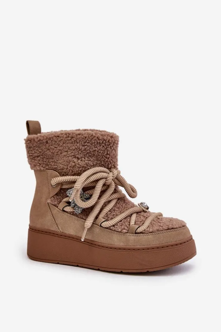 Damskie Boto Śniegowce Damskie Z Przypinkami I Futerkiem Typu Baranek Brązowe Almatiza