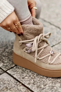 Damskie Boto Śniegowce Damskie Z Przypinkami I Futerkiem Typu Baranek Brązowe Almatiza