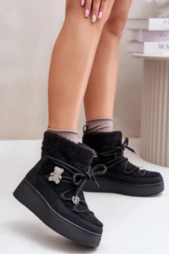 Hot Boto Śniegowce Damskie Z Przypinkami I Futerkiem Typu Baranek Czarne Almatiza