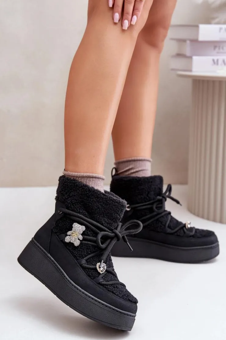 Hot Boto Śniegowce Damskie Z Przypinkami I Futerkiem Typu Baranek Czarne Almatiza