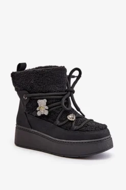 Hot Boto Śniegowce Damskie Z Przypinkami I Futerkiem Typu Baranek Czarne Almatiza