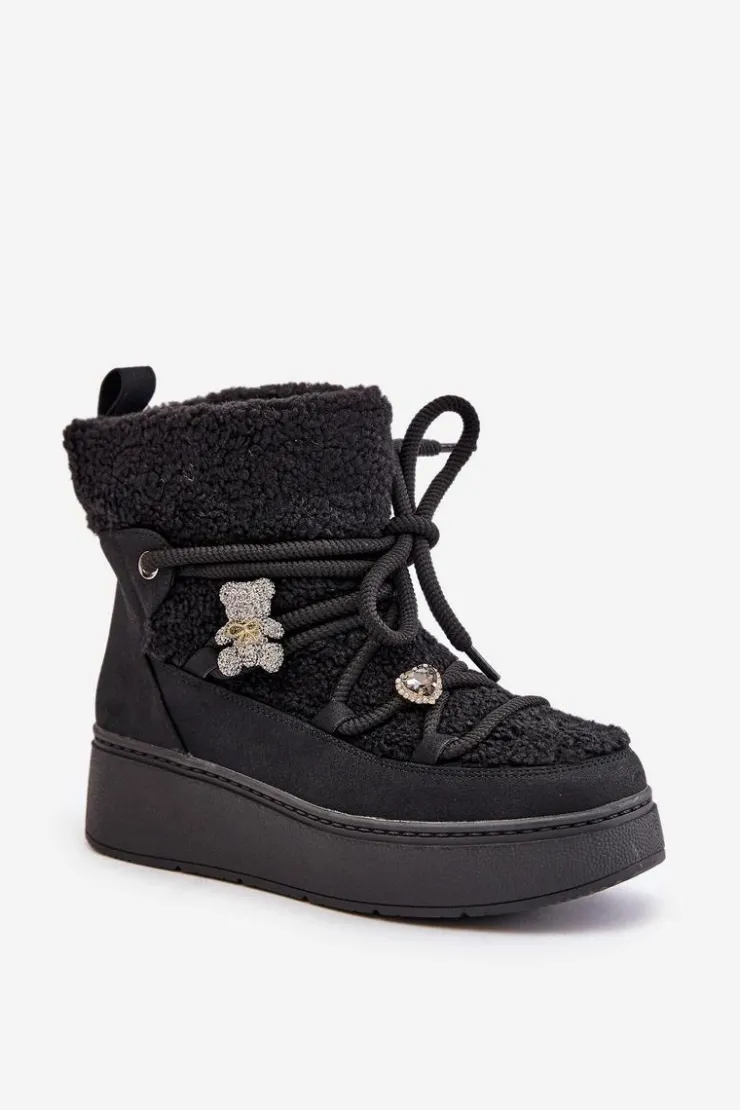 Hot Boto Śniegowce Damskie Z Przypinkami I Futerkiem Typu Baranek Czarne Almatiza