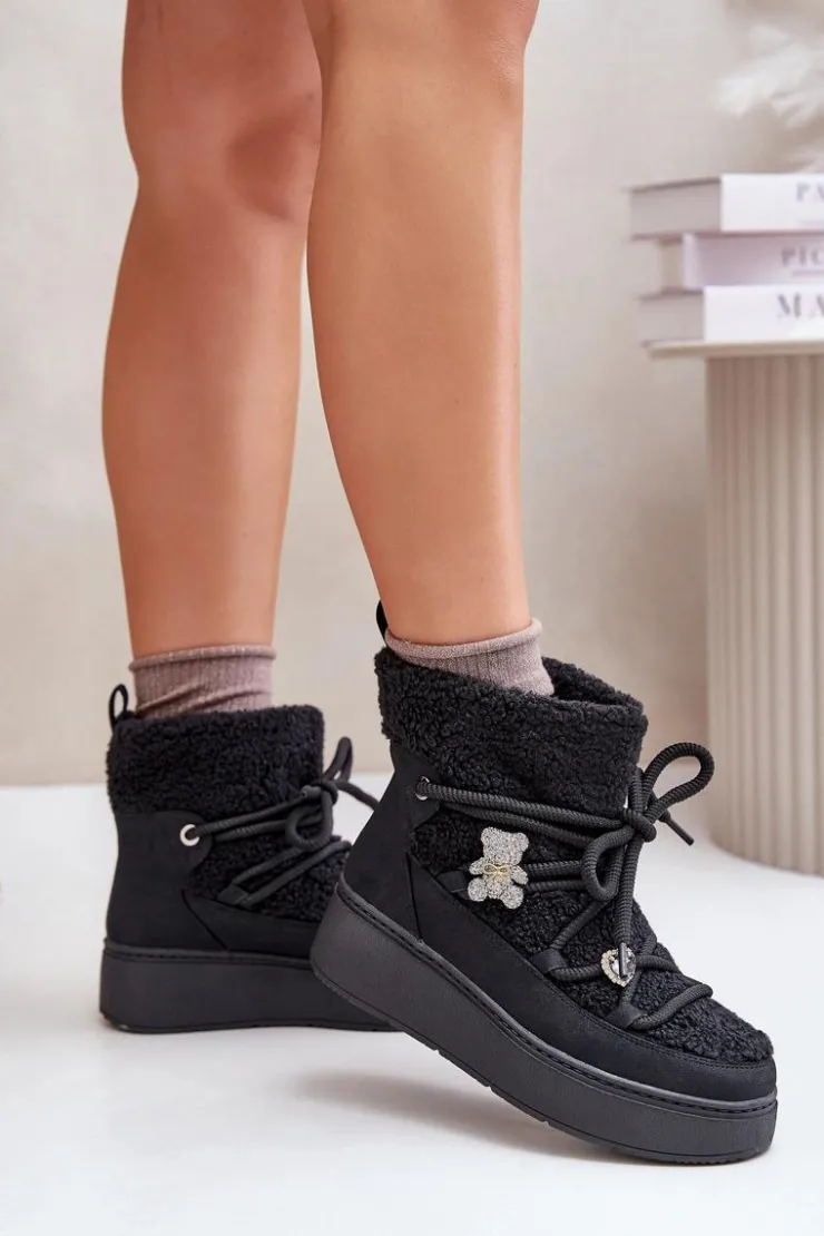 Hot Boto Śniegowce Damskie Z Przypinkami I Futerkiem Typu Baranek Czarne Almatiza
