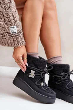 Hot Boto Śniegowce Damskie Z Przypinkami I Futerkiem Typu Baranek Czarne Almatiza