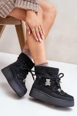 Hot Boto Śniegowce Damskie Z Przypinkami I Futerkiem Typu Baranek Czarne Almatiza