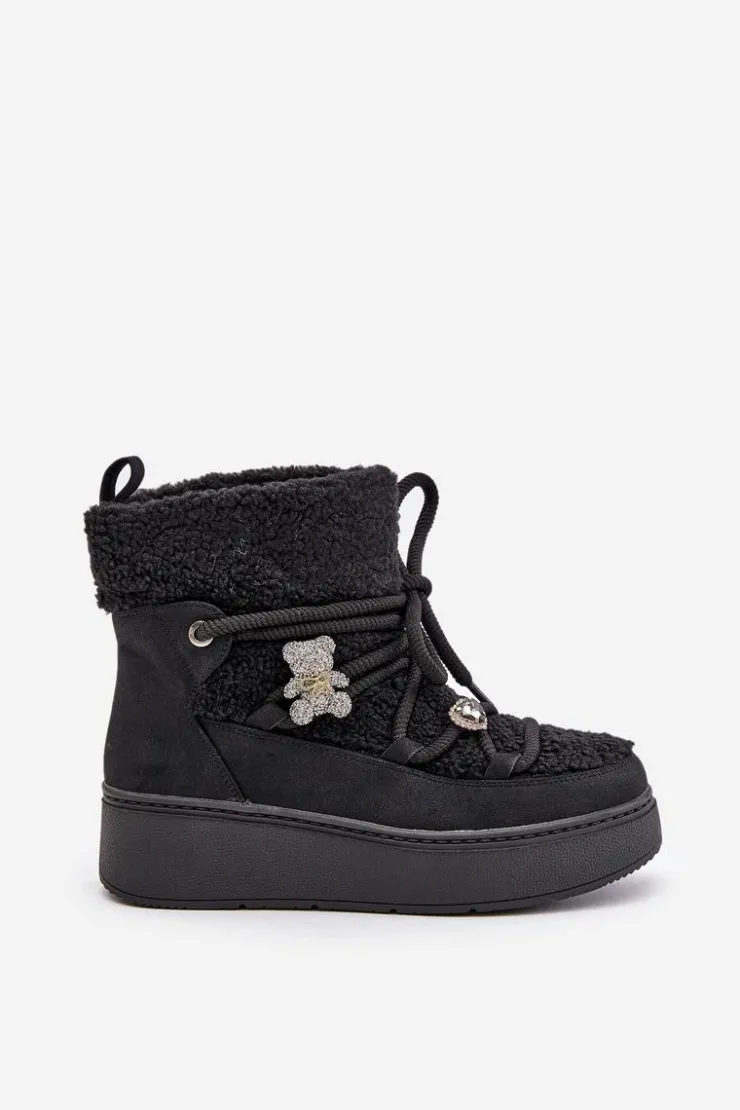 Hot Boto Śniegowce Damskie Z Przypinkami I Futerkiem Typu Baranek Czarne Almatiza