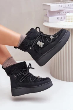 Hot Boto Śniegowce Damskie Z Przypinkami I Futerkiem Typu Baranek Czarne Almatiza